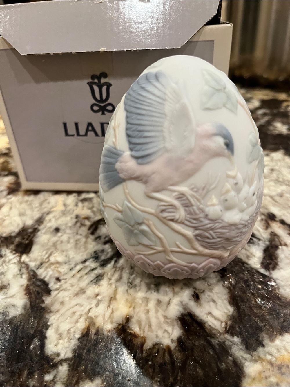 Lladro Pastel Blue and Pink Porcelain Egg with Bird Motif New in box